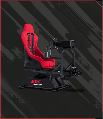 a red gaming chair with a steering wheel